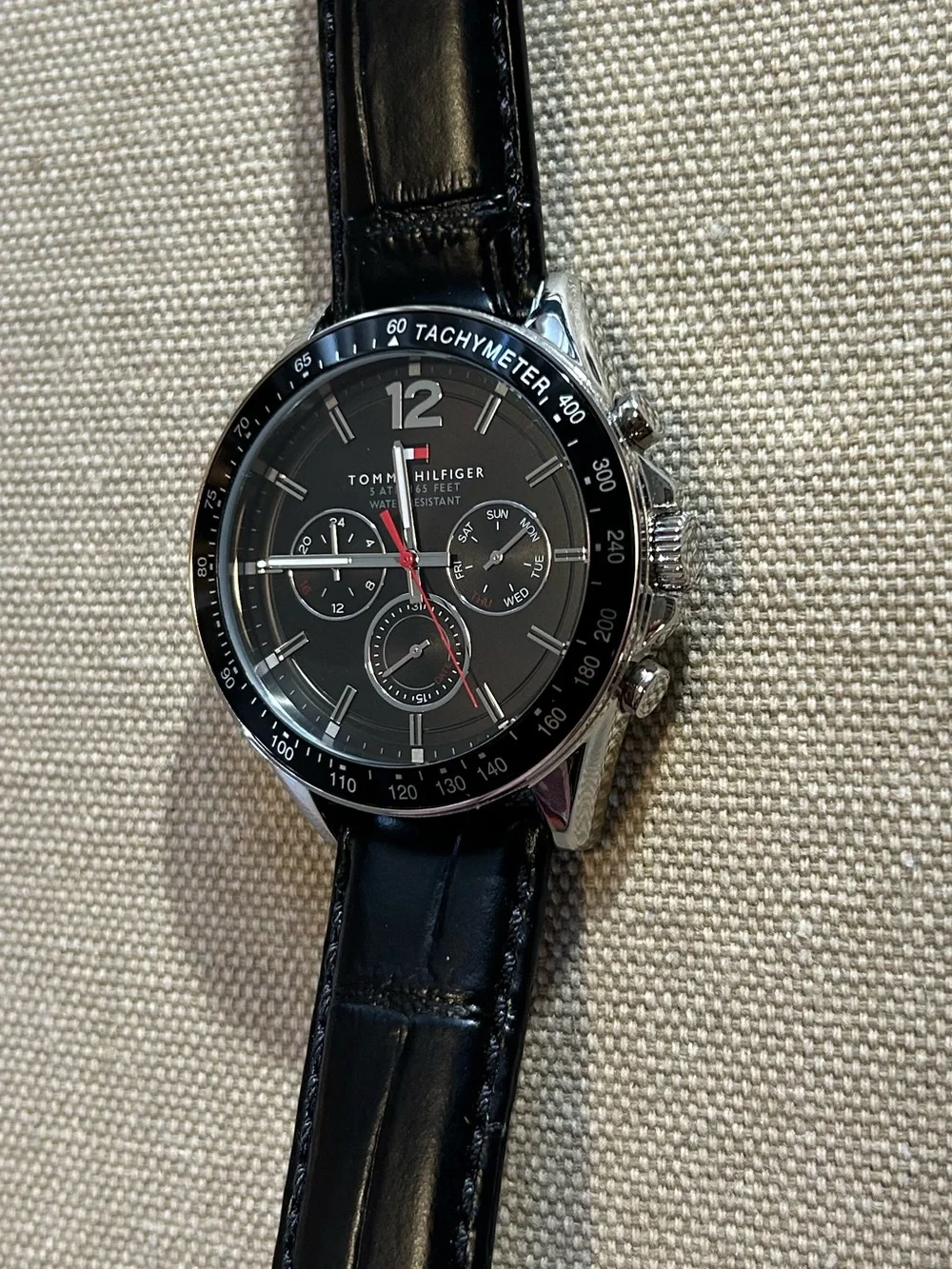 Tommy Hilfiger Watch With 46mm Black Chronograph Face & Black Leather Band